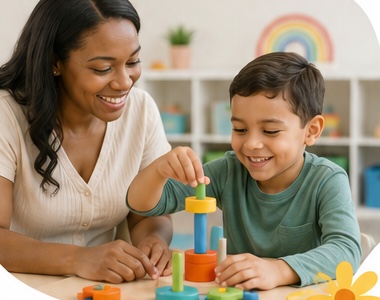 A therapist and a young boy smiling as they stack colorful blocks together at a table